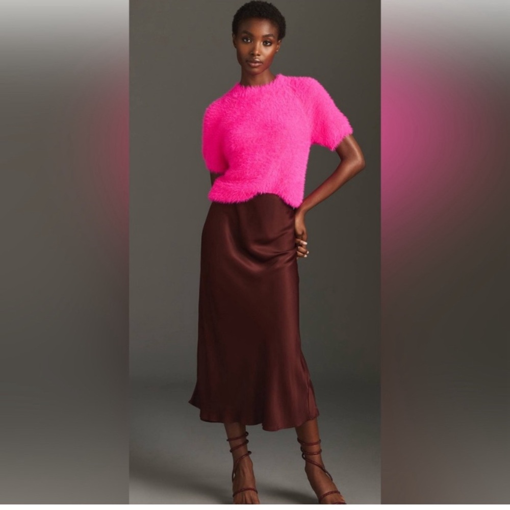 Anthropologie MAEVE Hot Pink Fuzzy Knit Top short sleeve